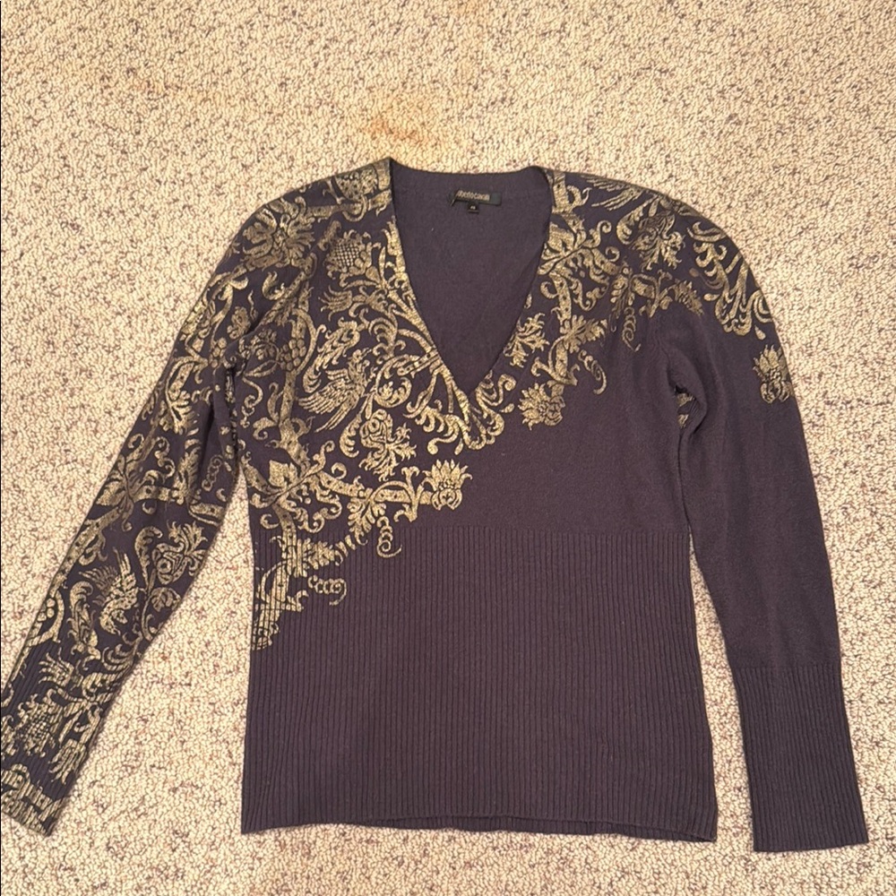 Roberto Cavalli Dark Gray Knit V-Neck Sweater with Gold Details size 46